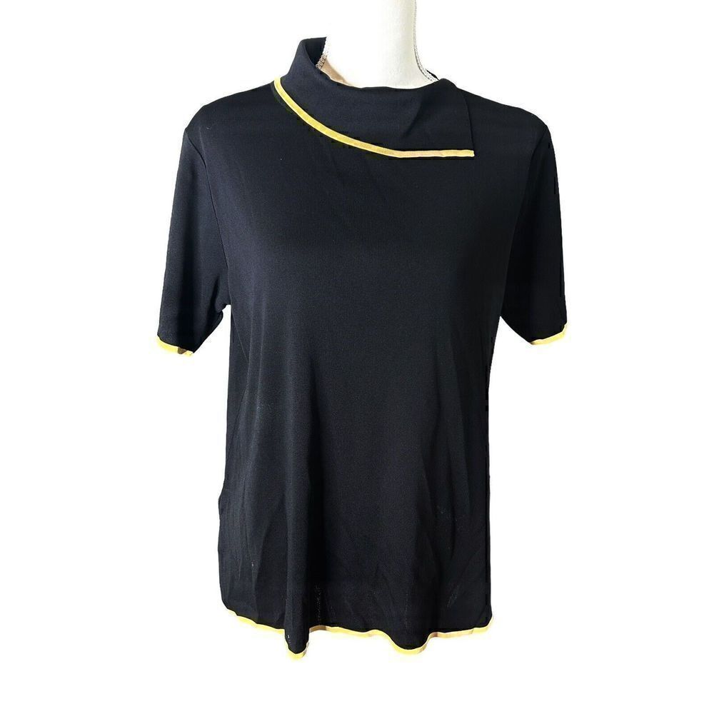 Exclusively Misook Womens Black And Yellow Color Block High Neck Collar